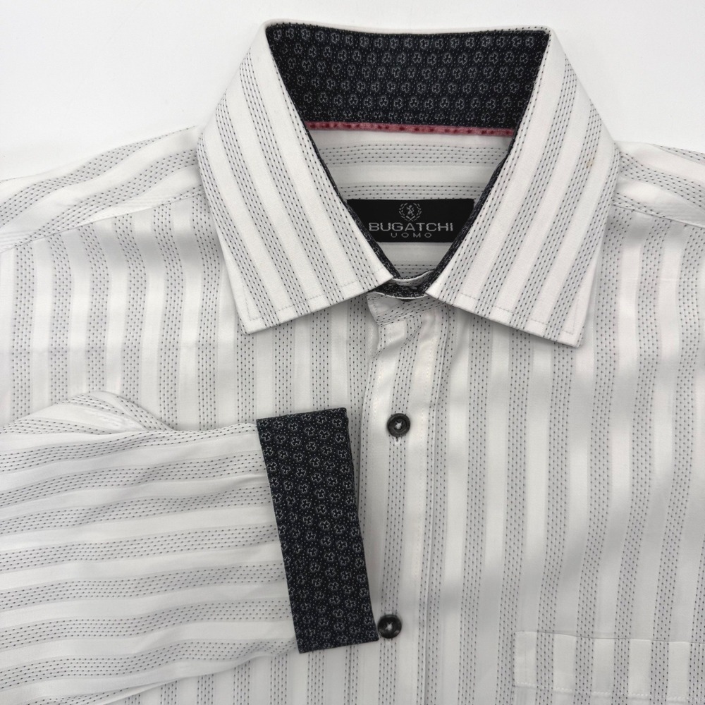 Bugatchi‎ Uomo Button Down Men Large White Striped Long Sleeve Cotton Shirt L